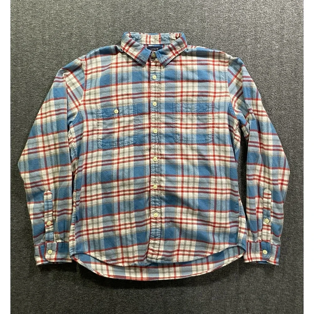 J Crew Flannel Shirt Mens L Plaid Button Up Long Sleeve Work Blue Red 92937